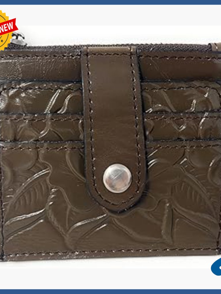 Tooled Leather Id Card Case Wallet With Zip Pocket And Snap Closure